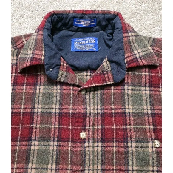 Pendleton Red Green Brown Plaid Virgin Wool Flannel Shirt Elbow Patch Mens M - Picture 7 of 16